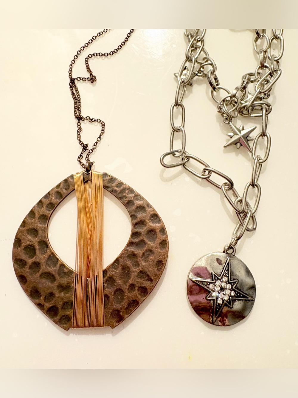 paparazzi Bronze Hammered Pendant & Silver Tone Crystal Necklace With Earrings